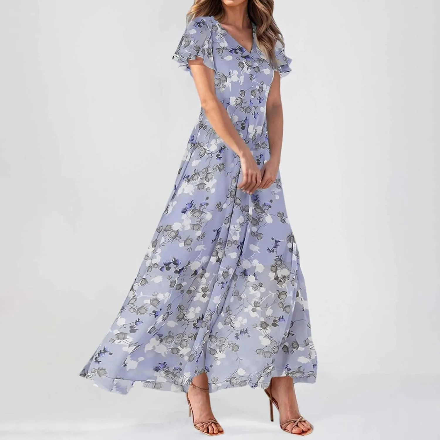 Woman Maxi Dresses Casual Summer Empire Waist Dress Floral Short Sleeve Chiffon Flowy Dresses