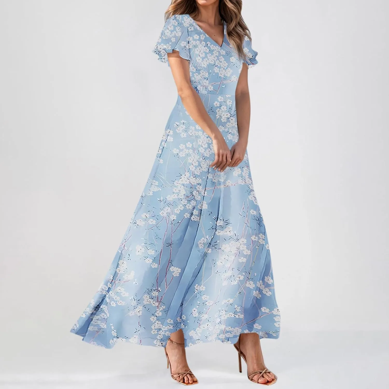 Woman Maxi Dresses Casual Summer Empire Waist Dress Floral Short Sleeve Chiffon Flowy Dresses