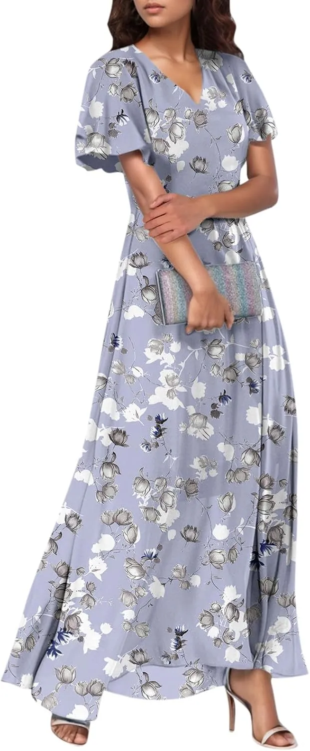 Woman Maxi Dresses Casual Summer Empire Waist Dress Floral Short Sleeve Chiffon Flowy Dresses