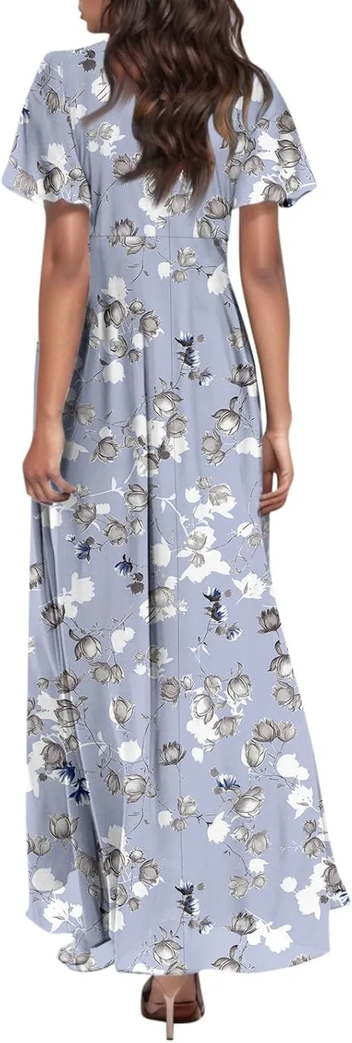 Woman Maxi Dresses Casual Summer Empire Waist Dress Floral Short Sleeve Chiffon Flowy Dresses