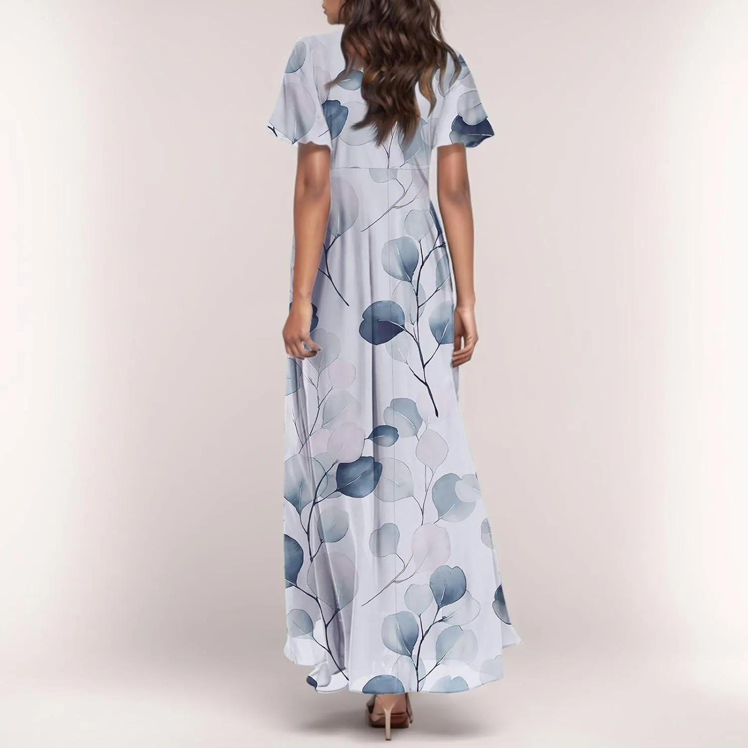 Woman Maxi Dresses Casual Summer Empire Waist Dress Floral Short Sleeve Chiffon Flowy Dresses