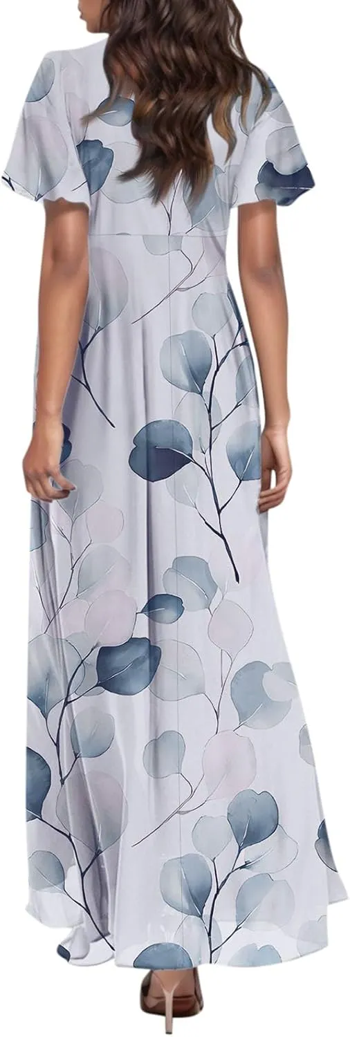 Woman Maxi Dresses Casual Summer Empire Waist Dress Floral Short Sleeve Chiffon Flowy Dresses