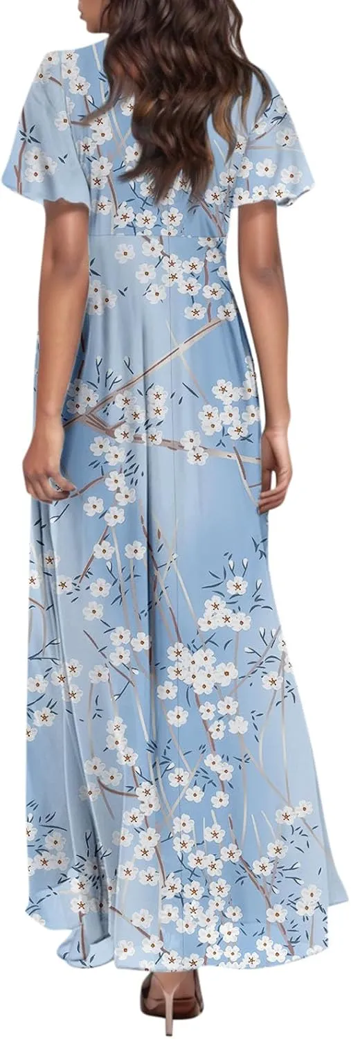 Woman Maxi Dresses Casual Summer Empire Waist Dress Floral Short Sleeve Chiffon Flowy Dresses
