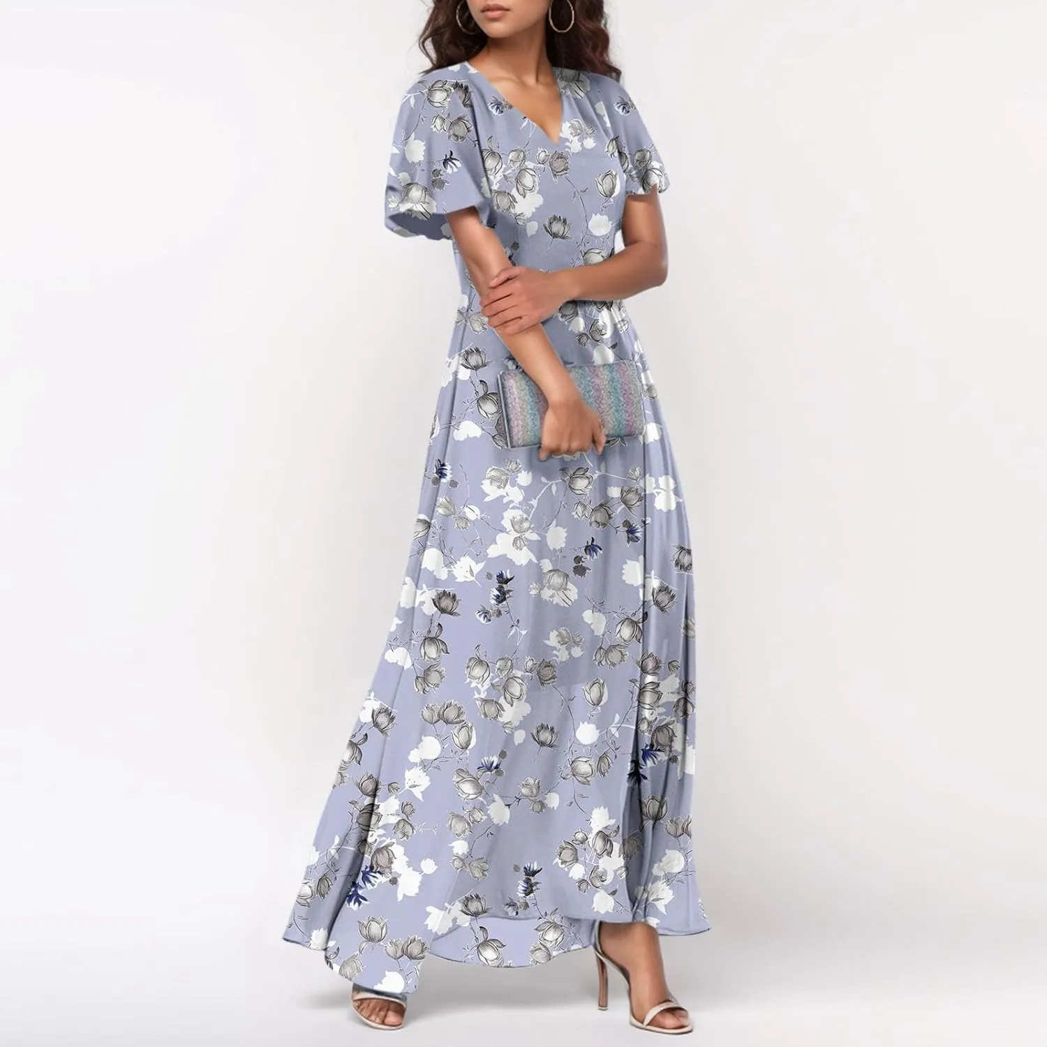 Woman Maxi Dresses Casual Summer Empire Waist Dress Floral Short Sleeve Chiffon Flowy Dresses