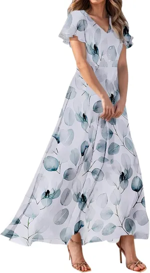 Woman Maxi Dresses Casual Summer Empire Waist Dress Floral Short Sleeve Chiffon Flowy Dresses