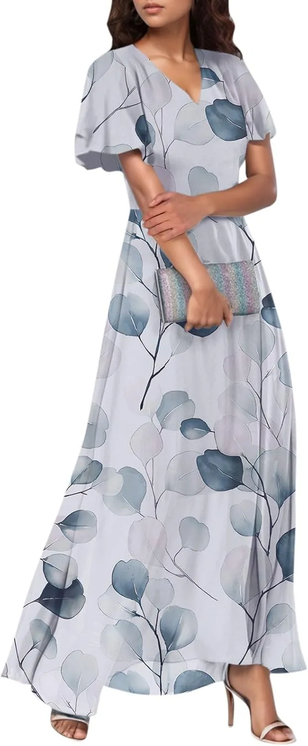 Woman Maxi Dresses Casual Summer Empire Waist Dress Floral Short Sleeve Chiffon Flowy Dresses