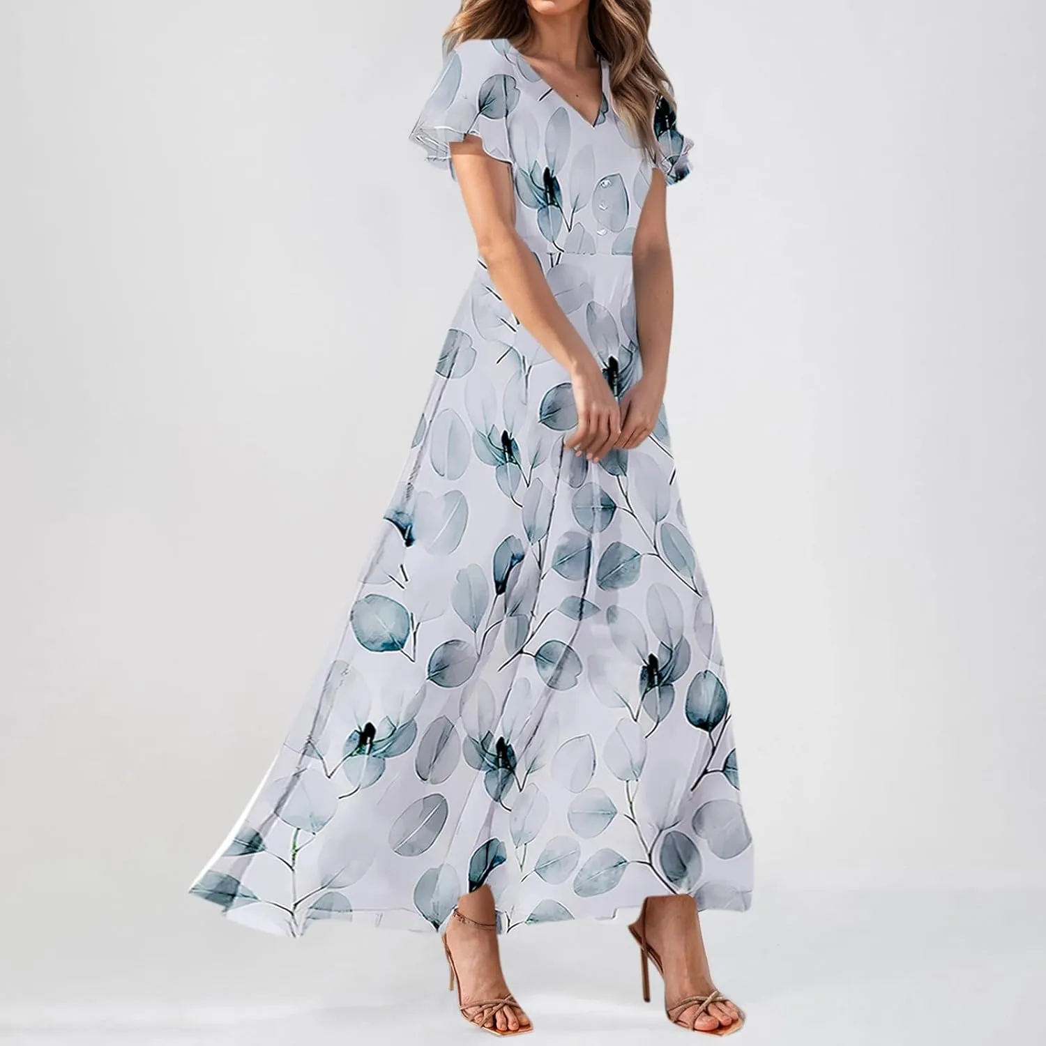 Woman Maxi Dresses Casual Summer Empire Waist Dress Floral Short Sleeve Chiffon Flowy Dresses