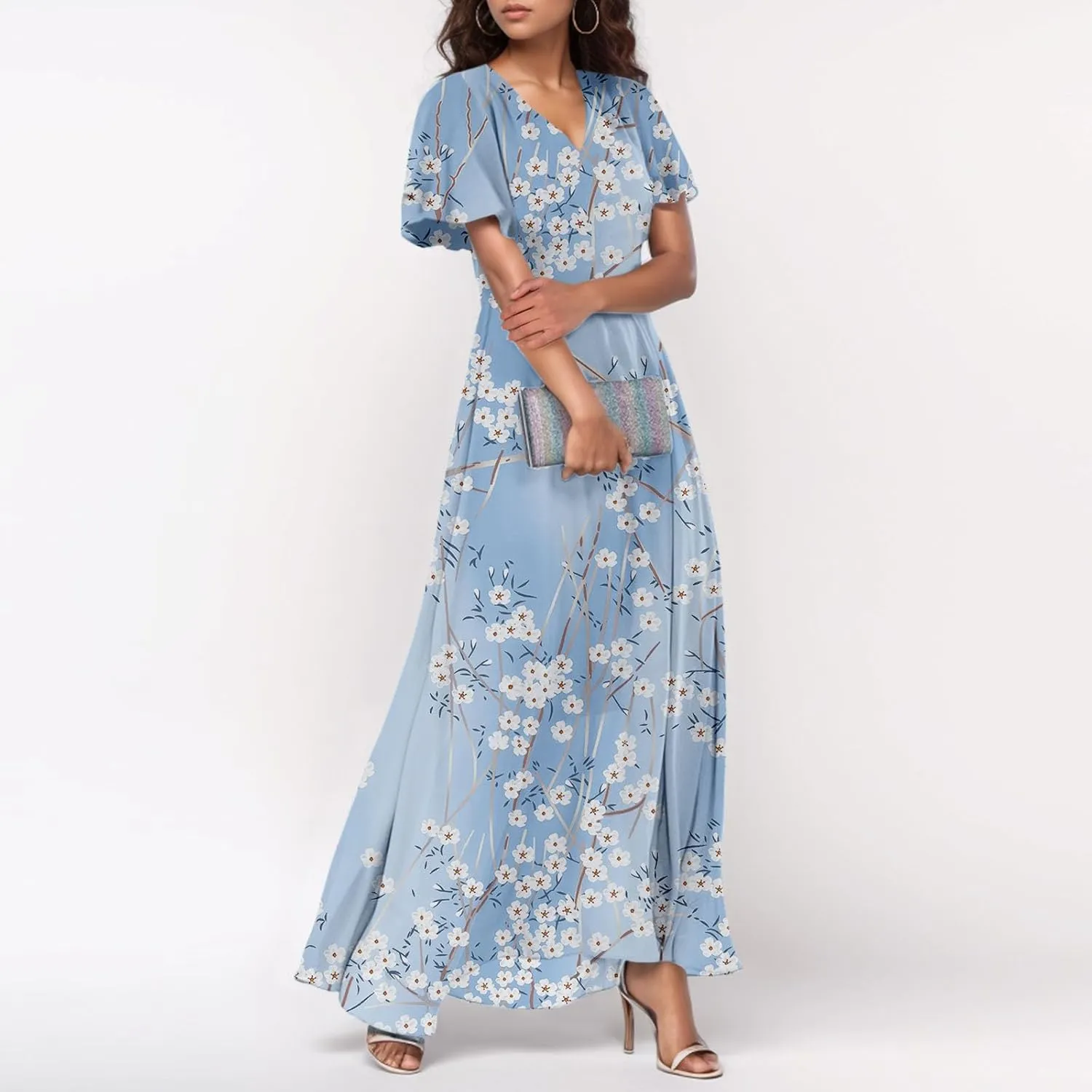 Woman Maxi Dresses Casual Summer Empire Waist Dress Floral Short Sleeve Chiffon Flowy Dresses