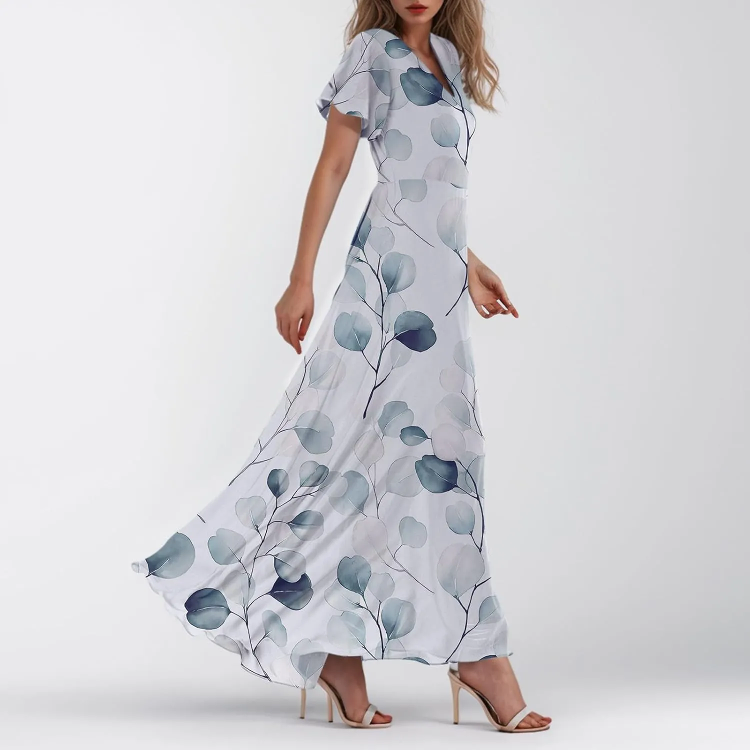 Woman Maxi Dresses Casual Summer Empire Waist Dress Floral Short Sleeve Chiffon Flowy Dresses