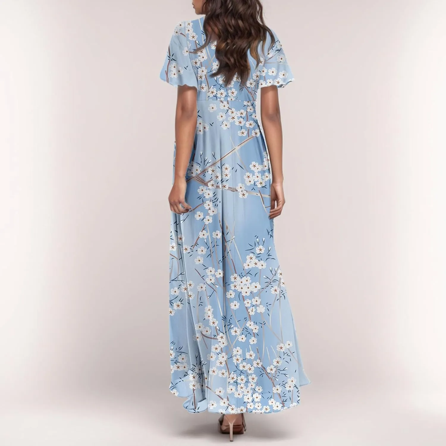 Woman Maxi Dresses Casual Summer Empire Waist Dress Floral Short Sleeve Chiffon Flowy Dresses