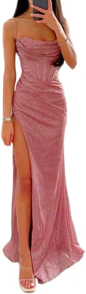 Woman Spring Summer Bodycon Dress Sexy Shiny Sequins Spaghetti Strap Split High Waist Dress Lady Prom Dress Evening Dresses