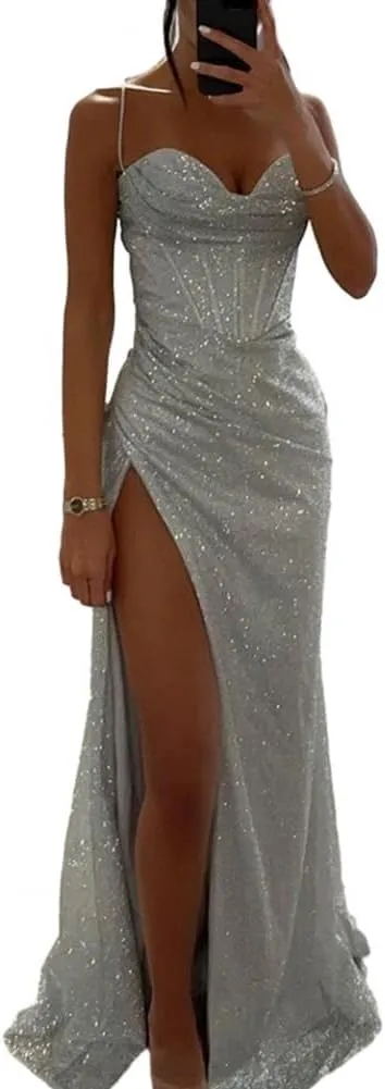 Woman Spring Summer Bodycon Dress Sexy Shiny Sequins Spaghetti Strap Split High Waist Dress Lady Prom Dress Evening Dresses