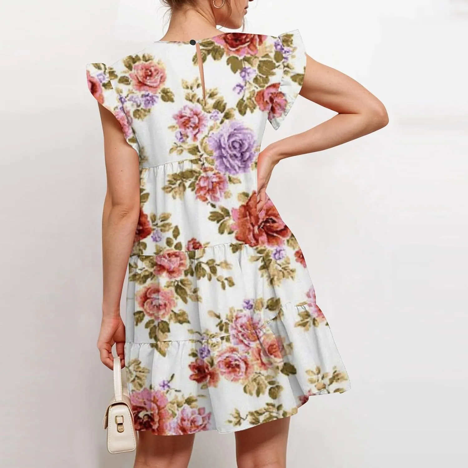 Women Babydoll Summer Casual Crew Neck Ruffle Sleeve Sleeveless Flowy Mini Short Tunic Dress Floral Pleated Dress