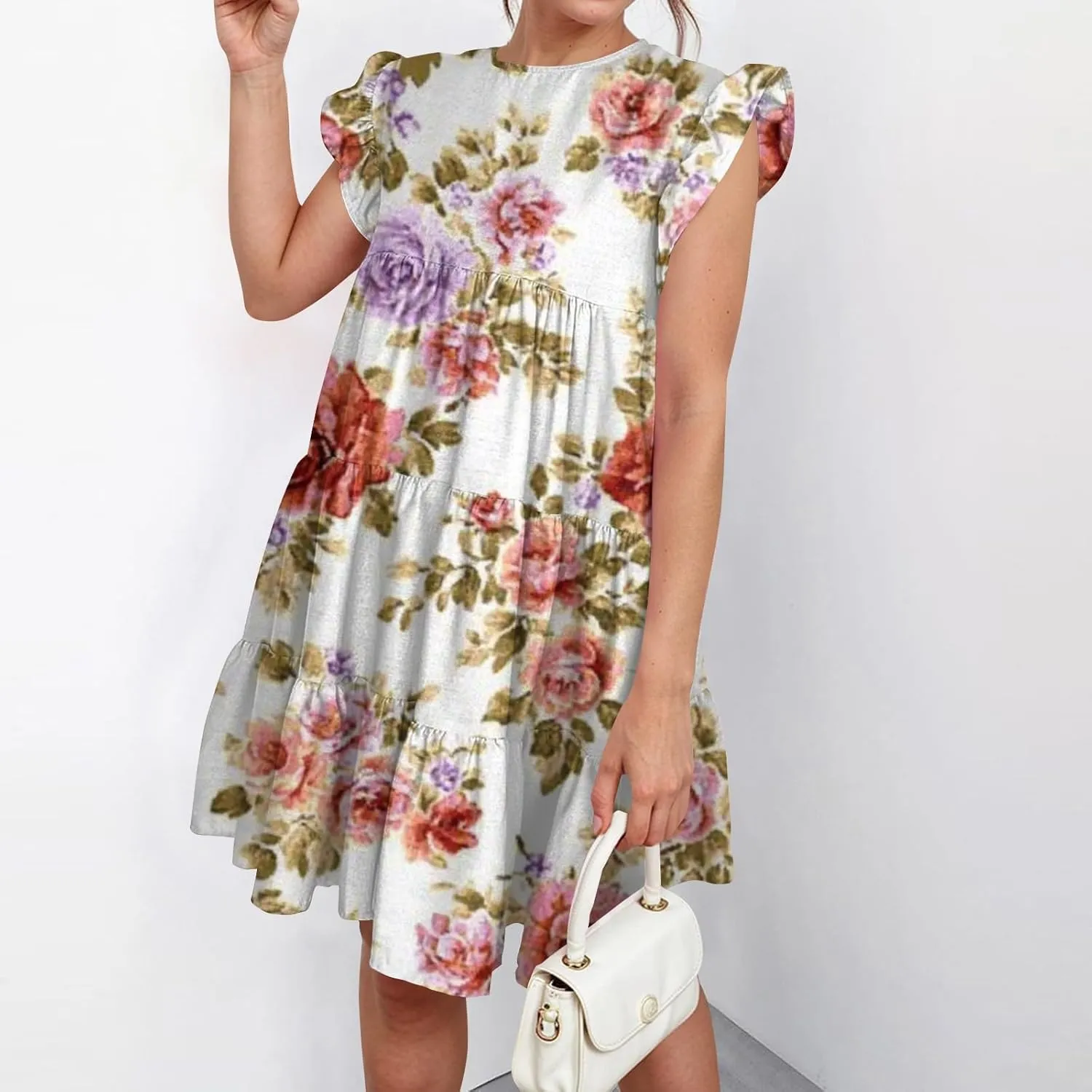 Women Babydoll Summer Casual Crew Neck Ruffle Sleeve Sleeveless Flowy Mini Short Tunic Dress Floral Pleated Dress