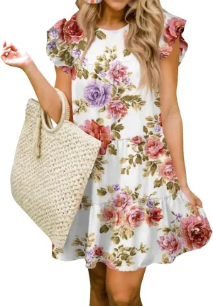 Women Babydoll Summer Casual Crew Neck Ruffle Sleeve Sleeveless Flowy Mini Short Tunic Dress Floral Pleated Dress