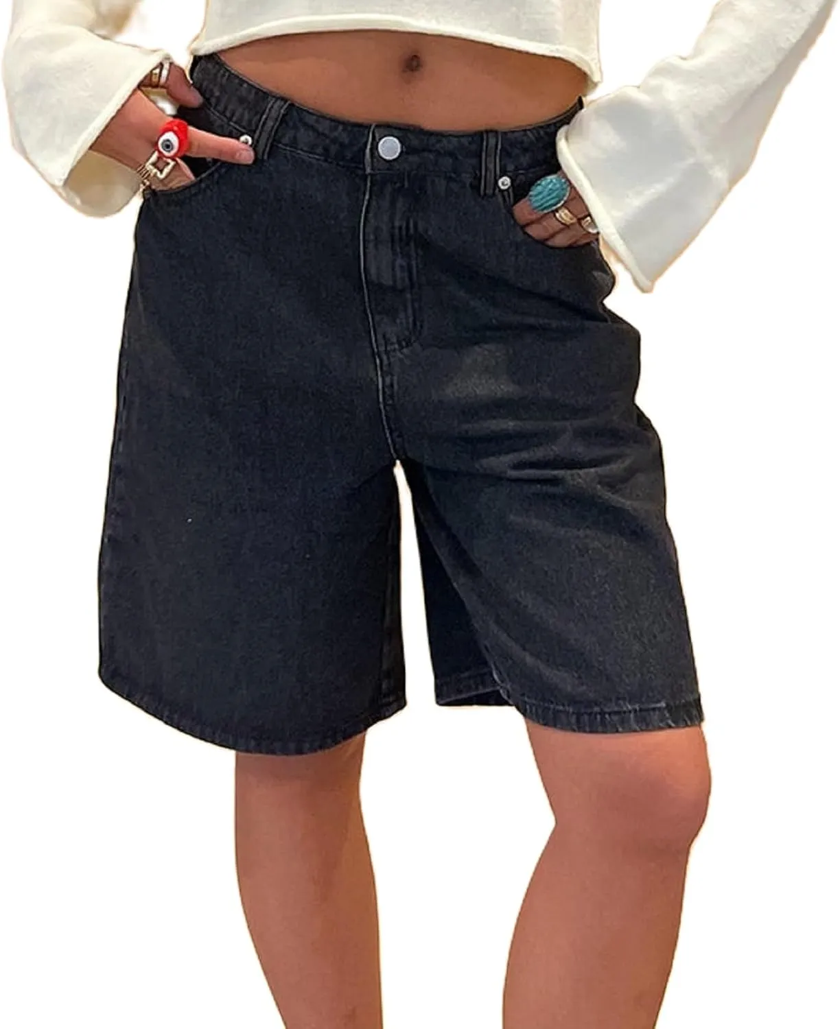 Women Baggy Denim Shorts High Waisted Straight Leg Trendy Bermuda Shorts Carpenter Jean Shorts