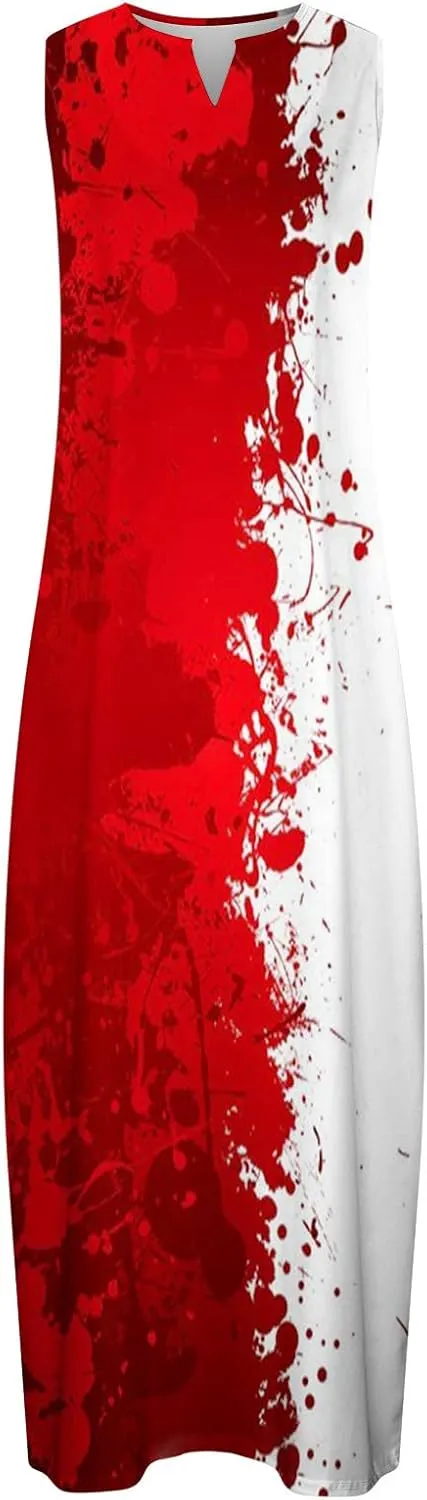 Women Casual Loose Flowy Long Dress Boho Printed Tank Dress Beach V-Neck Vacation Sundress Pockets Sleeveless Dress