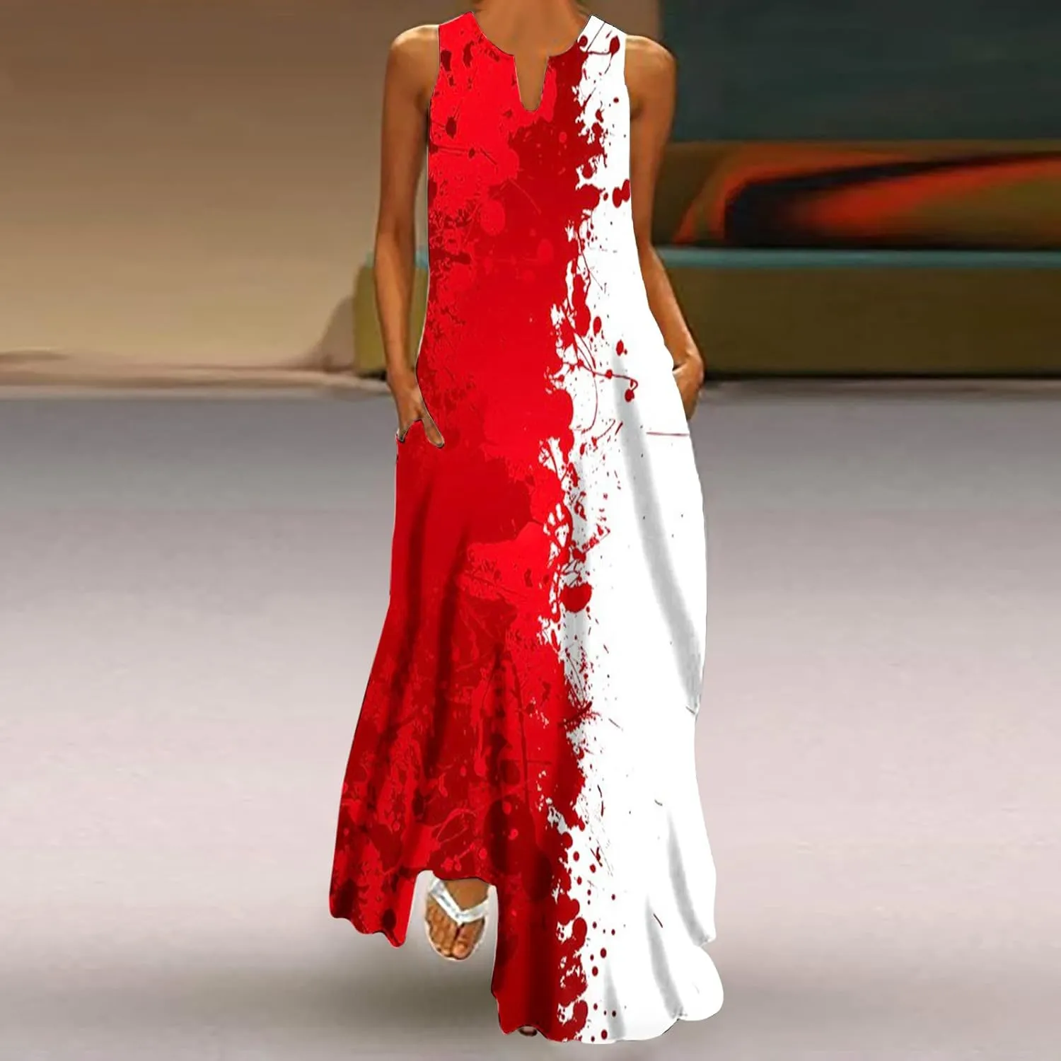 Women Casual Loose Flowy Long Dress Boho Printed Tank Dress Beach V-Neck Vacation Sundress Pockets Sleeveless Dress