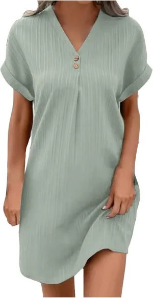 Women Casual Mini Dresses Rolled Short Sleeve V Neck Shift Dress Summer Elegant Textured Dresses Loose Tunic Dress