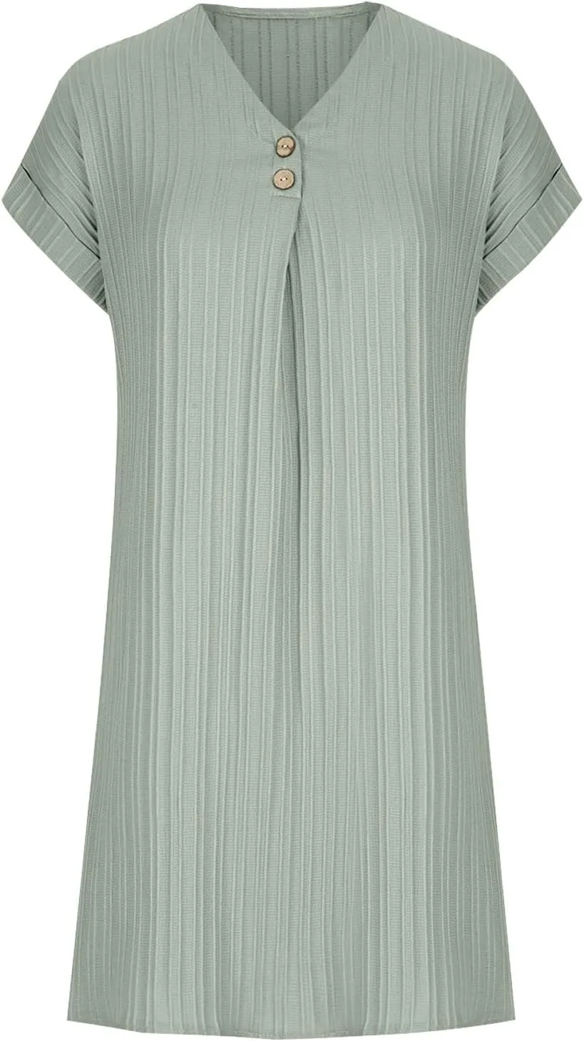Women Casual Mini Dresses Rolled Short Sleeve V Neck Shift Dress Summer Elegant Textured Dresses Loose Tunic Dress