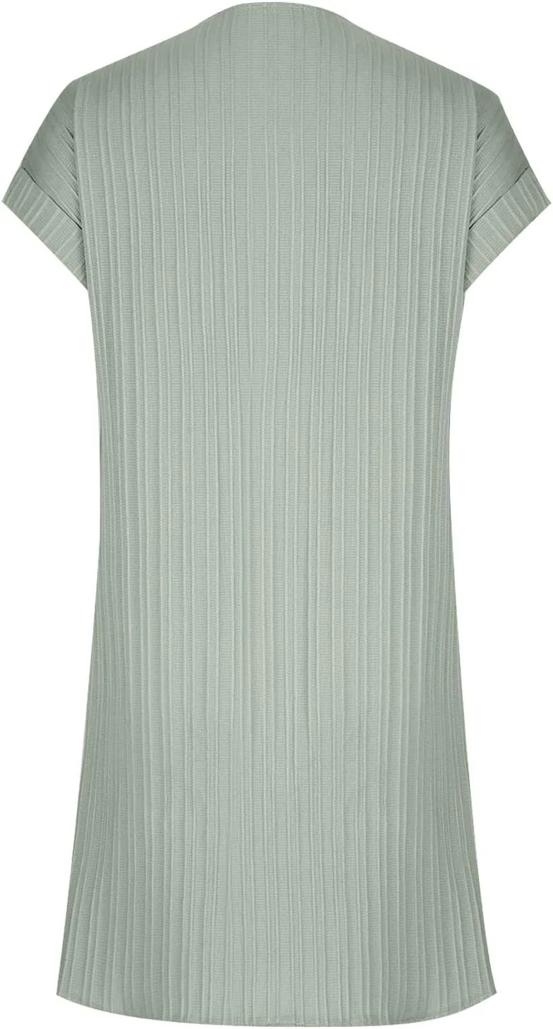 Women Casual Mini Dresses Rolled Short Sleeve V Neck Shift Dress Summer Elegant Textured Dresses Loose Tunic Dress