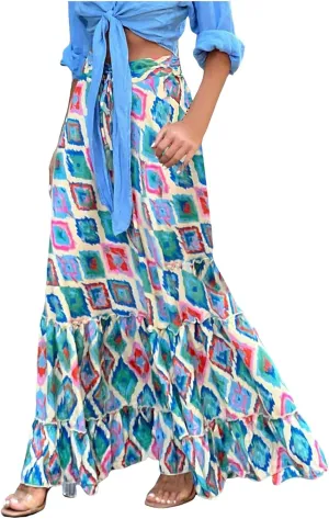 Women Floral Maxi Skirt Boho Flowy Long Skirt 2025 Summer Vacation Beach A-Line Tiered Skirts Comfy High Waist Dress