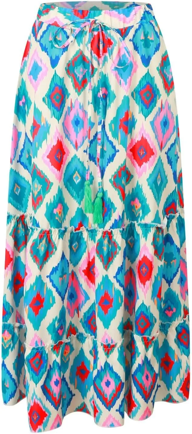 Women Floral Maxi Skirt Boho Flowy Long Skirt 2025 Summer Vacation Beach A-Line Tiered Skirts Comfy High Waist Dress