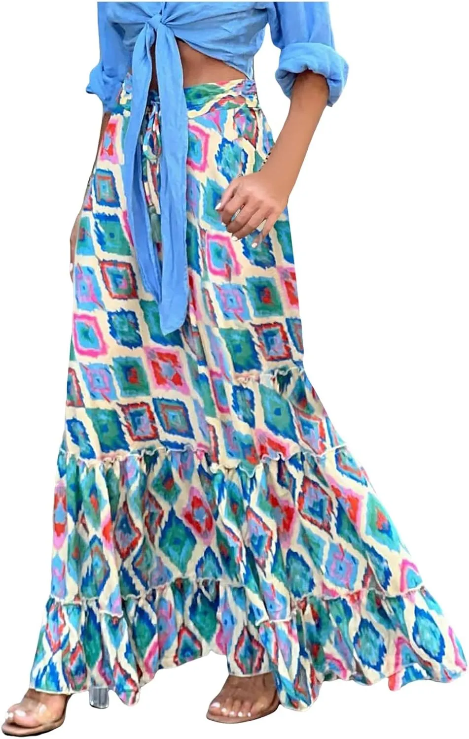Women Floral Maxi Skirt Boho Flowy Long Skirt 2025 Summer Vacation Beach A-Line Tiered Skirts Comfy High Waist Dress