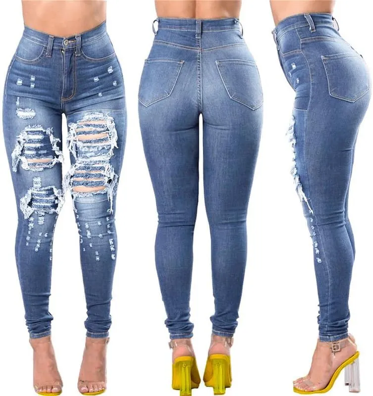 Women High Waist Ripped Jeans with Buttons Butt Lift Stretch Distressed Denim Pants Stretchy Slimming Pull-On Jean