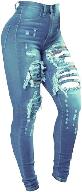 Women High Waist Ripped Jeans with Buttons Butt Lift Stretch Distressed Denim Pants Stretchy Slimming Pull-On Jean