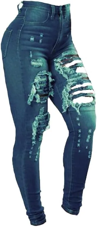 Women High Waist Ripped Jeans with Buttons Butt Lift Stretch Distressed Denim Pants Stretchy Slimming Pull-On Jean