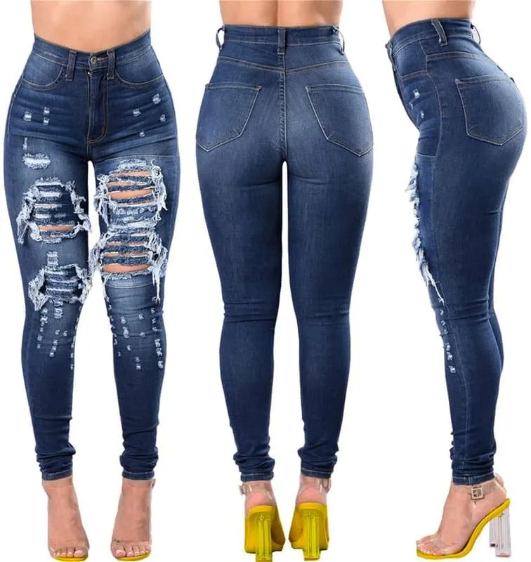 Women High Waist Ripped Jeans with Buttons Butt Lift Stretch Distressed Denim Pants Stretchy Slimming Pull-On Jean