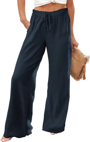 Women Linen Pants Wide Leg Casual Palazzo Beach Summer Drawstring Waist Cotton Linen Trousers Lounge with Pockets