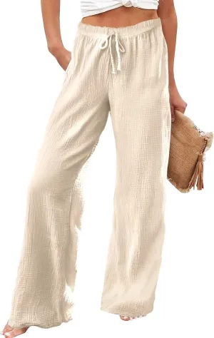 Women Linen Pants Wide Leg Casual Palazzo Beach Summer Drawstring Waist Cotton Linen Trousers Lounge with Pockets