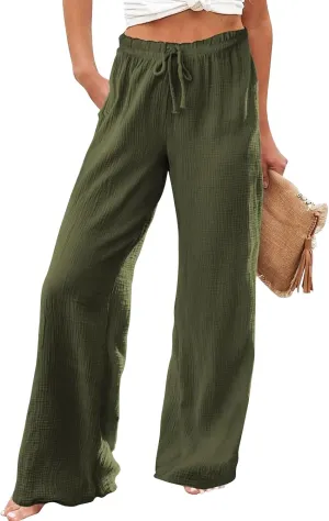 Women Linen Pants Wide Leg Casual Palazzo Beach Summer Drawstring Waist Cotton Linen Trousers Lounge with Pockets