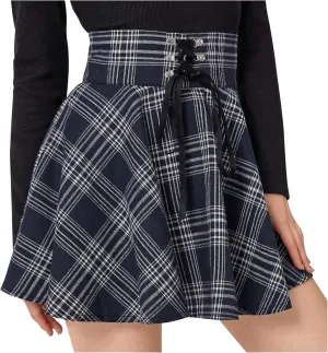 Women Plaid Pleated Skirt Casual High Waist Mini Skirt Flare A-line Drawstring Ruffle Basic Versatile Short Skirt White