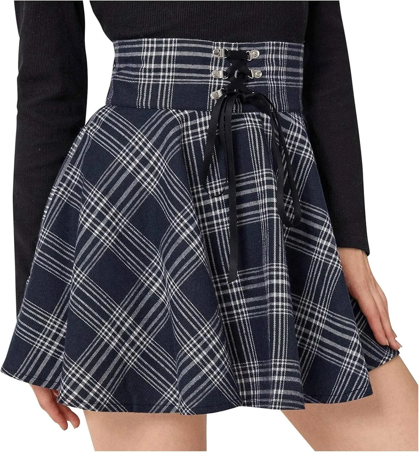 Women Plaid Pleated Skirt Casual High Waist Mini Skirt Flare A-line Drawstring Ruffle Basic Versatile Short Skirt White