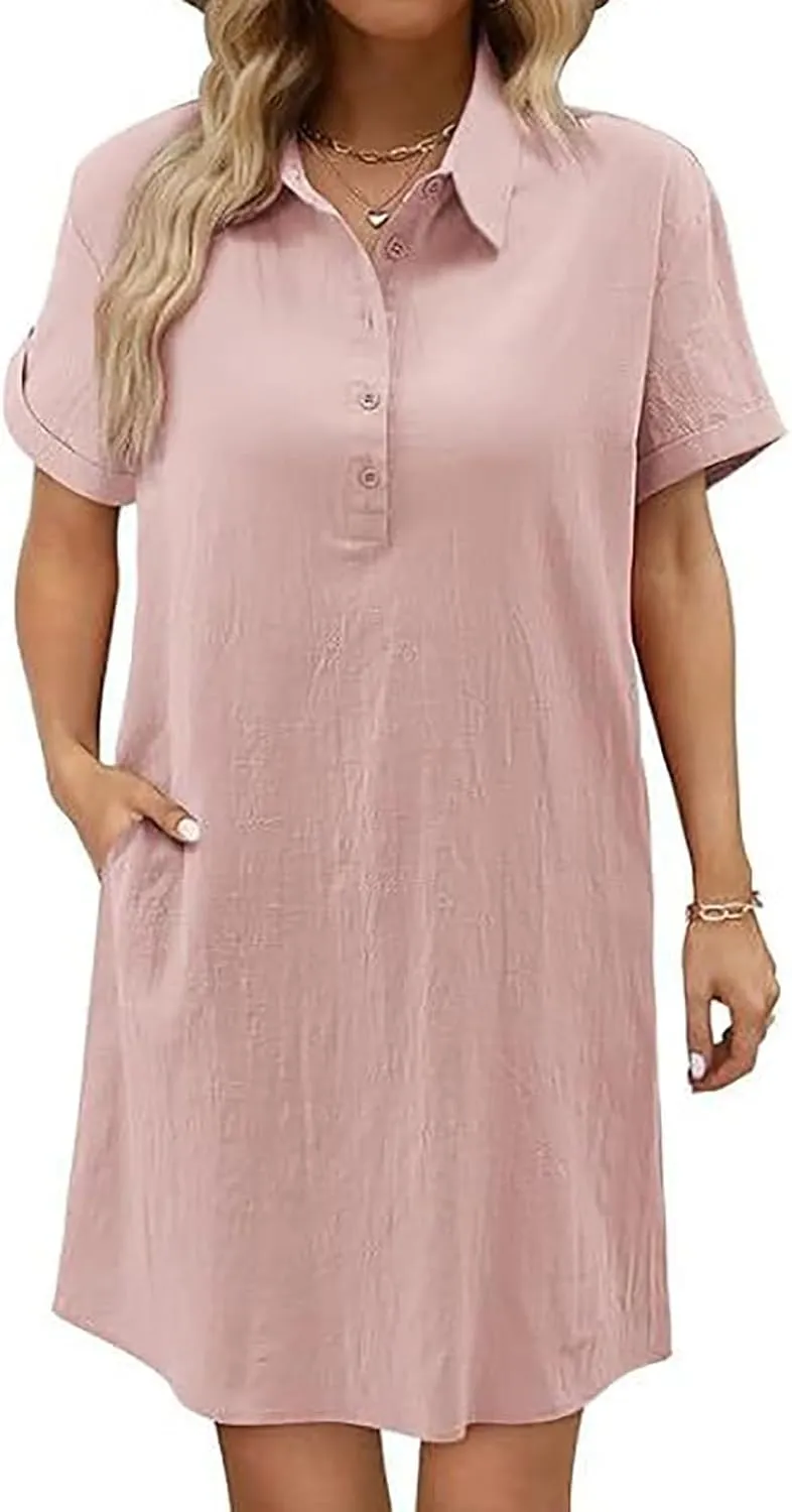 Women Short Sleeve Quarter Button Mini Shirt Dress Summer Baggy Short Sleeve Shift Tunic Dresses with Pockets