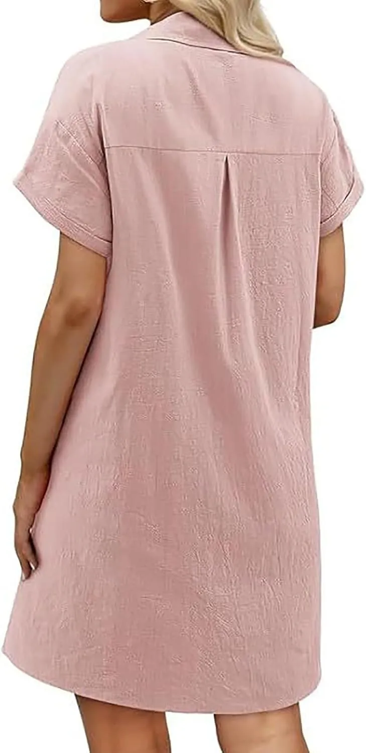 Women Short Sleeve Quarter Button Mini Shirt Dress Summer Baggy Short Sleeve Shift Tunic Dresses with Pockets