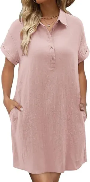 Women Short Sleeve Quarter Button Mini Shirt Dress Summer Baggy Short Sleeve Shift Tunic Dresses with Pockets