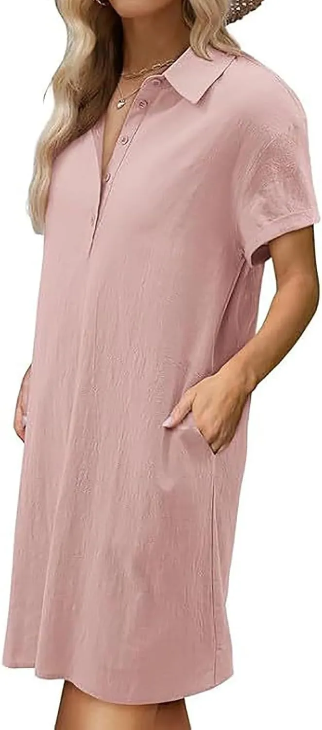 Women Short Sleeve Quarter Button Mini Shirt Dress Summer Baggy Short Sleeve Shift Tunic Dresses with Pockets