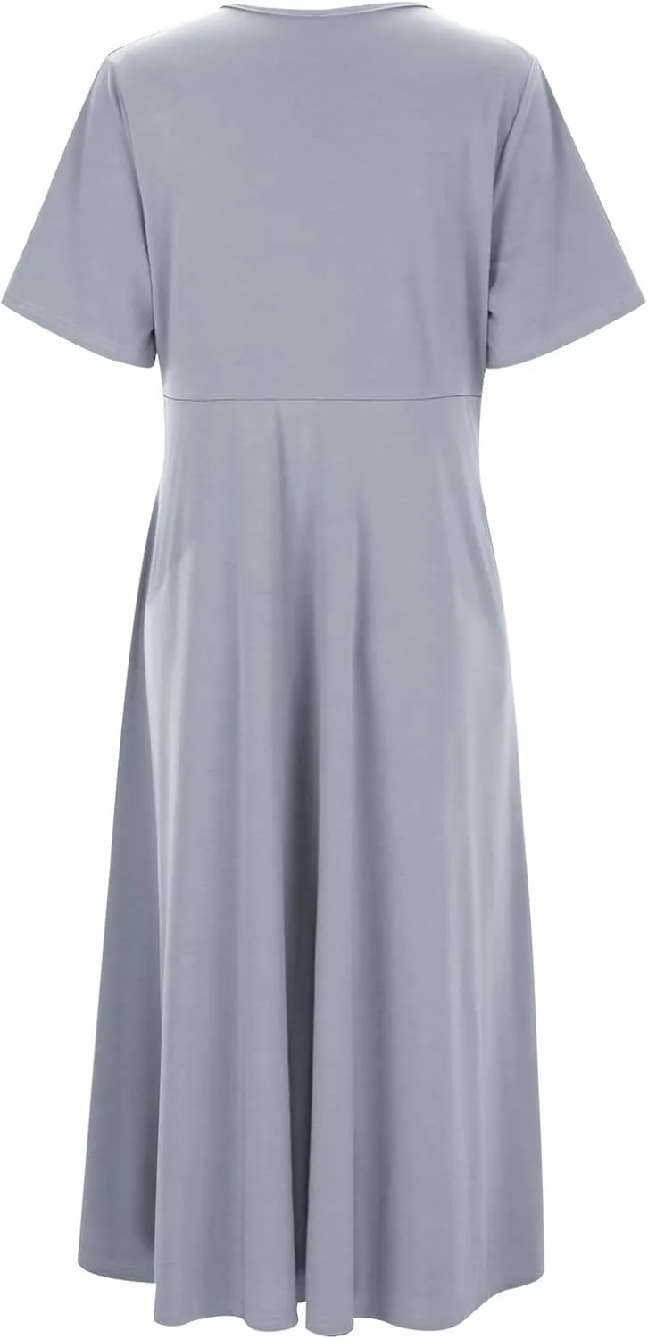 Women Summer Casual Dresses Short Sleeve Crewneck A Line Dress Swing Flowy Shirt Maxi Beach Long Sundress with Pockets