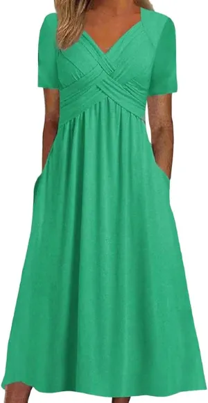 Women Summer Casual Dresses Short Sleeve Crewneck A Line Dress Swing Flowy Shirt Maxi Beach Long Sundress with Pockets