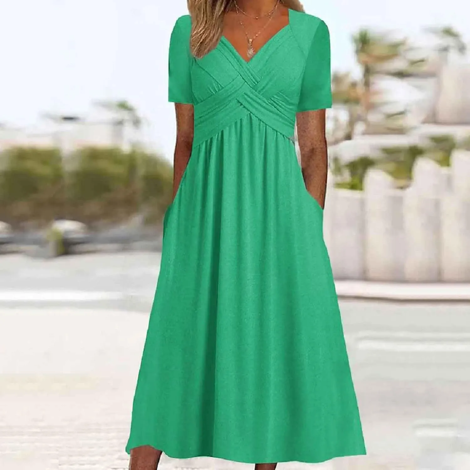 Women Summer Casual Dresses Short Sleeve Crewneck A Line Dress Swing Flowy Shirt Maxi Beach Long Sundress with Pockets