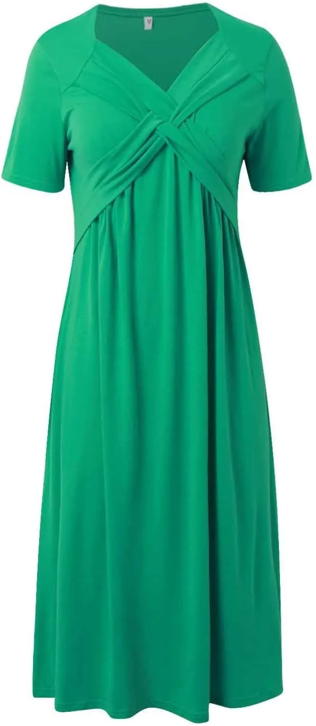 Women Summer Casual Dresses Short Sleeve Crewneck A Line Dress Swing Flowy Shirt Maxi Beach Long Sundress with Pockets