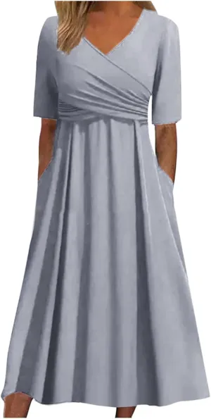 Women Summer Casual Dresses Short Sleeve Crewneck A Line Dress Swing Flowy Shirt Maxi Beach Long Sundress with Pockets