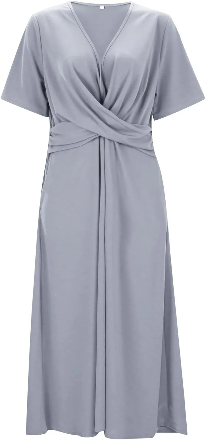 Women Summer Casual Dresses Short Sleeve Crewneck A Line Dress Swing Flowy Shirt Maxi Beach Long Sundress with Pockets