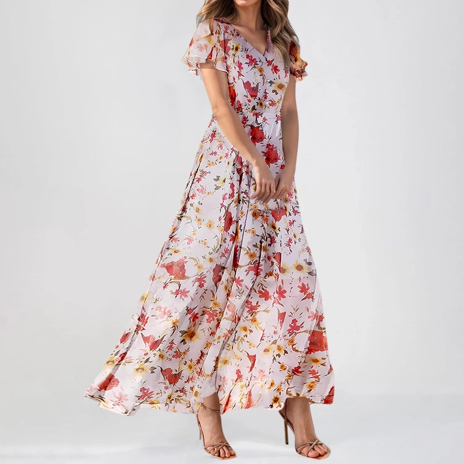 Women Summer Dresses High Waist Maxi Dress Chiffon Ruffle Sleeve Bohemian Dresses Vneck Tea Party Dress
