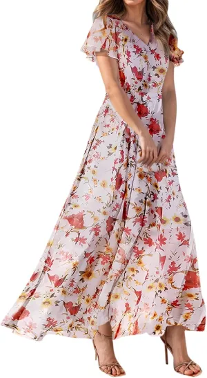 Women Summer Dresses High Waist Maxi Dress Chiffon Ruffle Sleeve Bohemian Dresses Vneck Tea Party Dress