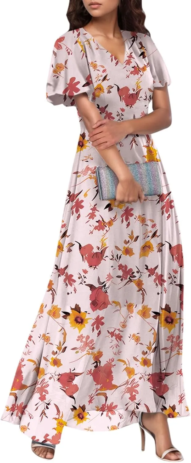 Women Summer Dresses High Waist Maxi Dress Chiffon Ruffle Sleeve Bohemian Dresses Vneck Tea Party Dress